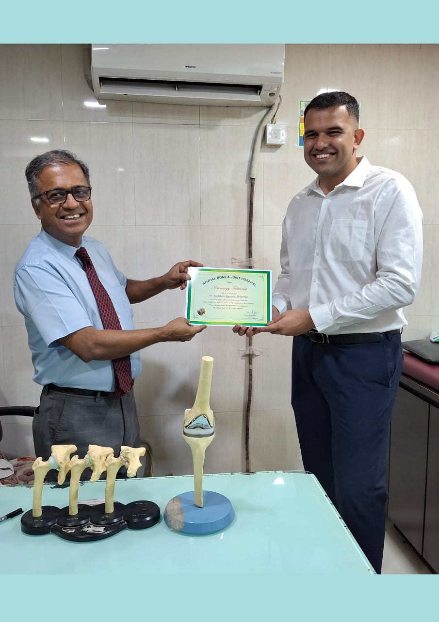 Dr. Rushikesh Abhyankar with Dr. Rajendra Abhyankar outside Purva Hospital after completing the fellowship